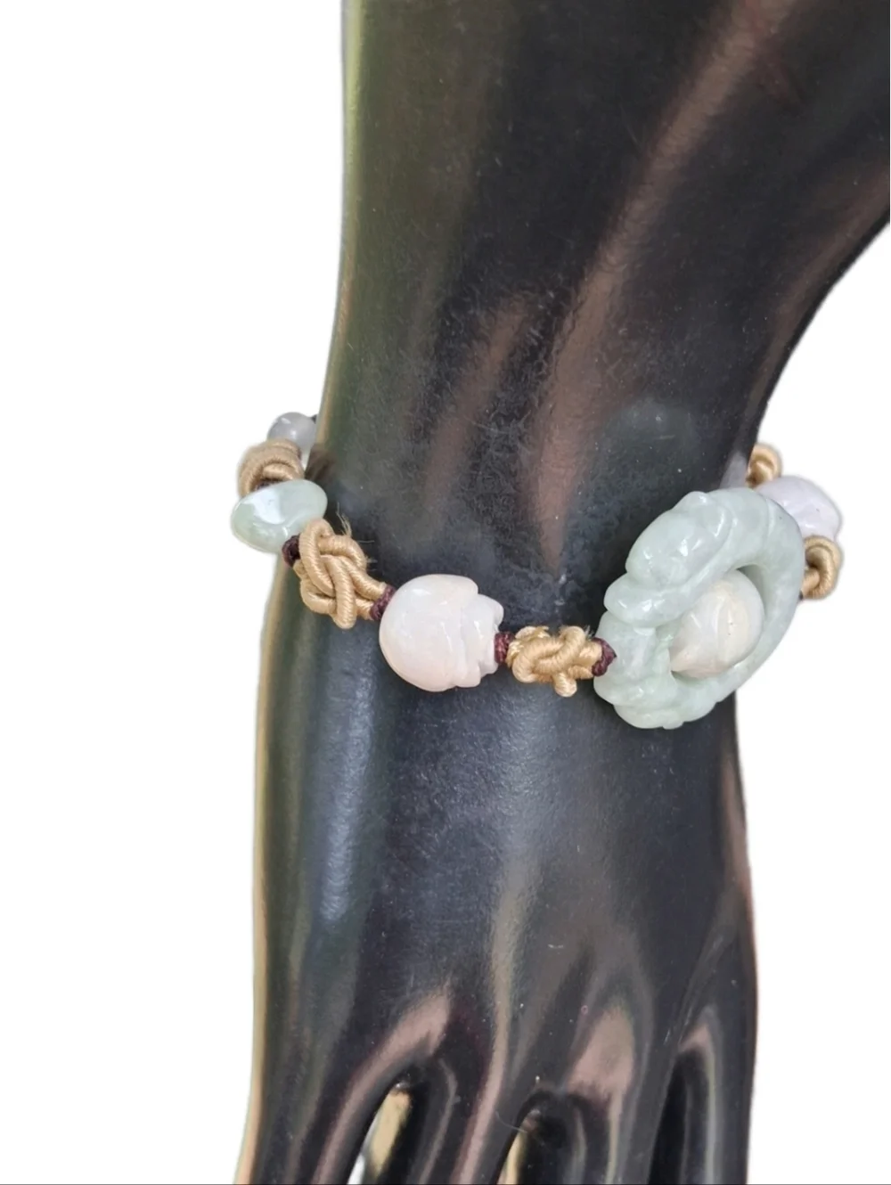 Vintage Hand-Carved Jade & Rose Quartz Macramé Slider Bracelet - Eternity Symbol